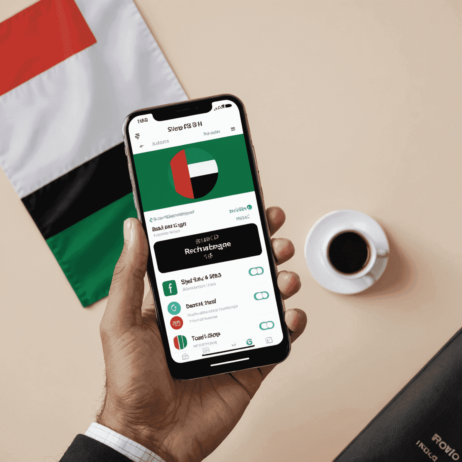 A person holding a smartphone, with a UAE flag and mobile recharge icons in the background, representing a step-by-step guide on using pro-leading.com for quick and easy mobile recharge in the United Arab Emirates.