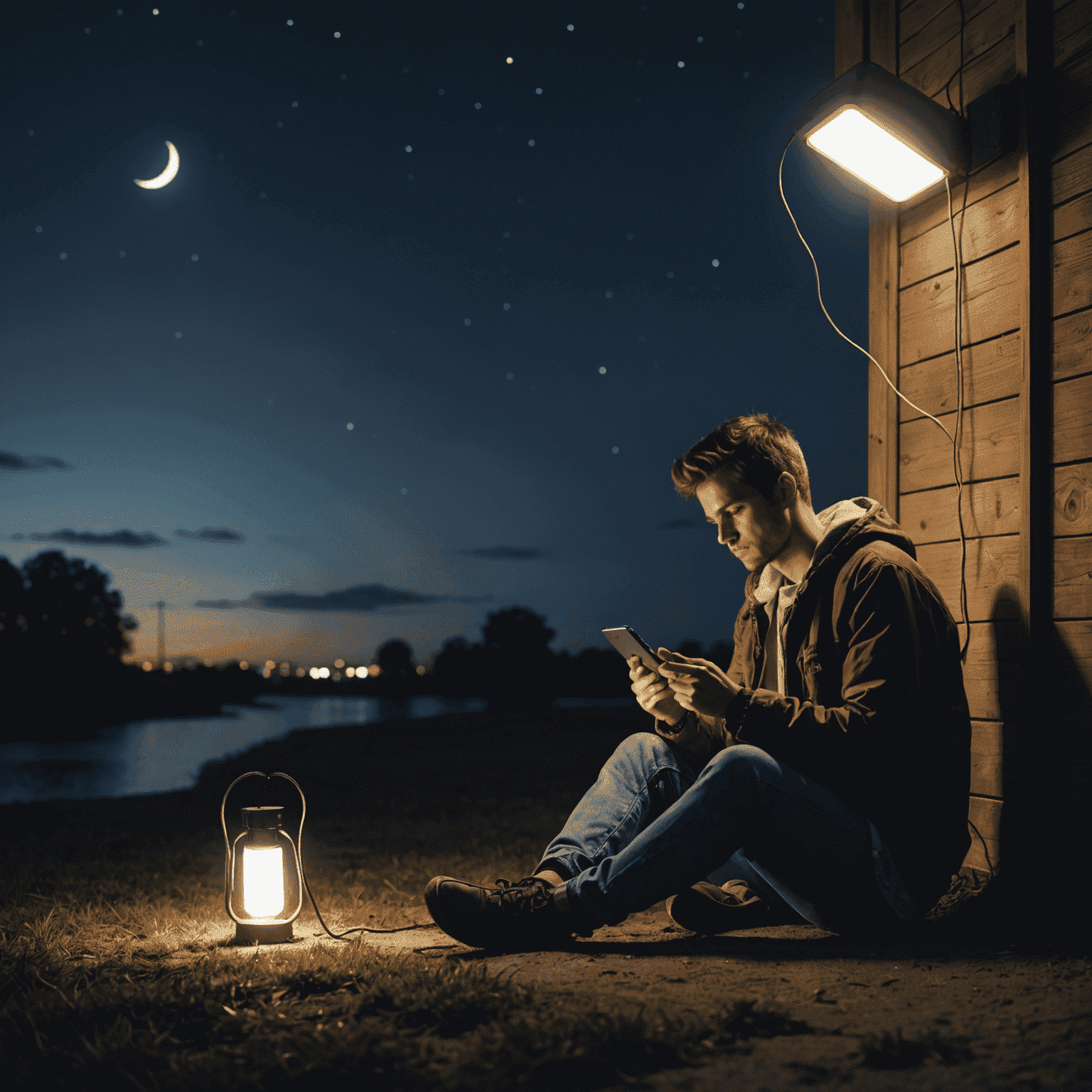 Person recharging mobile at night