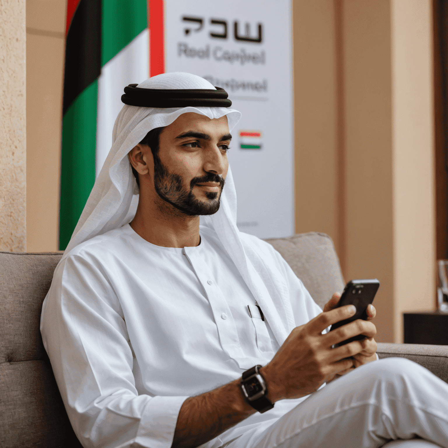 A person relaxing while using their smartphone, with the pro-leading.com logo and a UAE flag in the background, representing the simplicity and efficiency of recharging mobile phones online with their service in the United Arab Emirates.